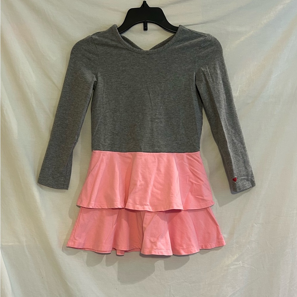 Hanna Andersson Size 5 110cm Gray Top Pink Tiered Bottom Long Sleeve Dress